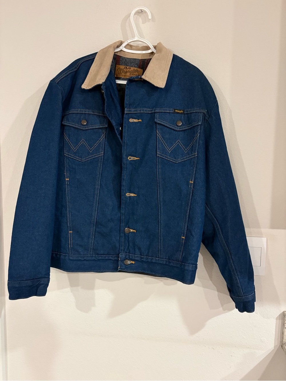 Wrangler Dark Blue Denim Jacket with Tan Corduroy Collar